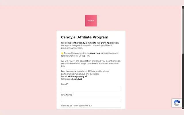 Formulaire de candidature au programme d’affiliation Candy.ai, avec l’offre de 40 % de commission récurrente ou 35 $ par vente
