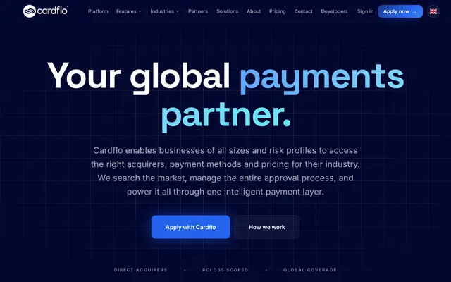 Cardflo home page presenting its global payments partner offer