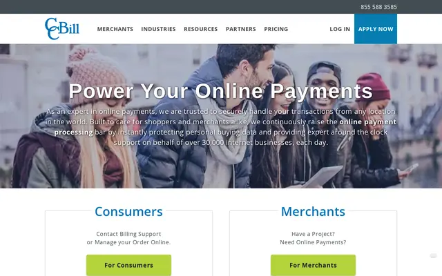 CCBill home page with separate entry points for consumers and merchants