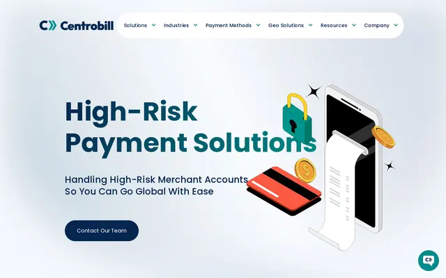 CentroBill home page presenting its high-risk payment solutions