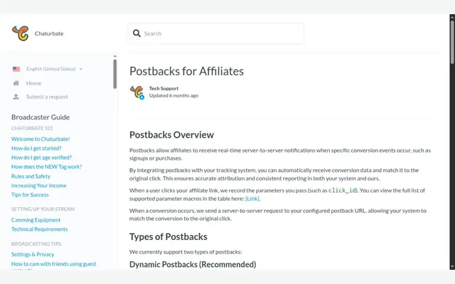 Article d’aide de Chaturbate consacré aux postbacks des affiliés, avec la présentation des notifications serveur à serveur