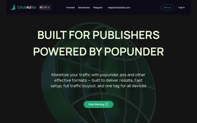 Espace éditeur de ClickAdilla, avec le titre Built for publishers powered by popunder et le bouton Start Earning