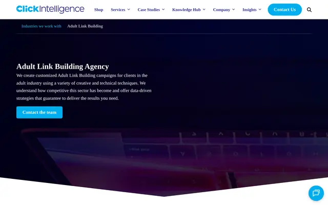 Click Intelligence adult link building page, with a dark header, a short introduction and a button to contact the team