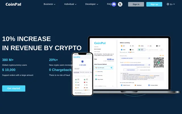 Page d’accueil de CoinPal, passerelle de paiement crypto
