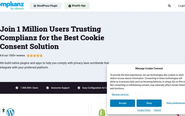 Complianz home page headed Join 1 Million Users Trusting Complianz for the Best Cookie Consent Solution, with the Manage Cookie Consent banner on the right showing same-size Accept and Deny buttons and a View preferences link