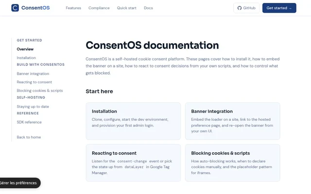 Page d’accueil de la documentation ConsentOS, avec le menu des rubriques à gauche et quatre cartes : installation, intégration du bandeau, réaction au consentement, blocage des cookies et des scripts
