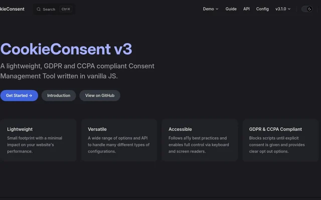 CookieConsent v3 documentation home page on a dark background, with a Get Started button and four boxes: Lightweight, Versatile, Accessible, GDPR and CCPA Compliant