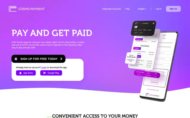Page d’accueil de Cosmo Payment, compte et carte prépayée