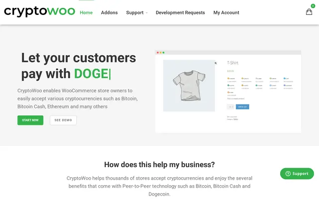 CryptoWoo home page, a crypto payment plugin for WooCommerce