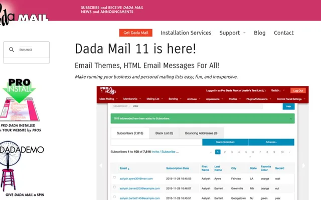 Dada Mail home page announcing “Dada Mail 11 is here!” next to a demo list’s subscriber view in the control panel