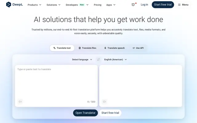 Portada de DeepL con su cuadro de traducción y el selector de idioma de destino