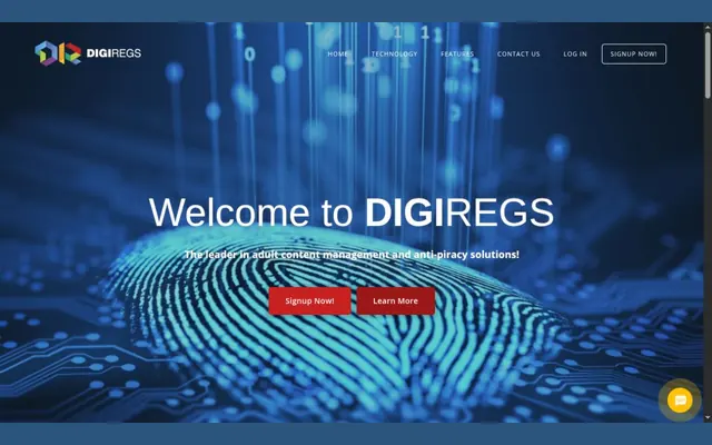Página de inicio de DigiRegs con una huella dactilar luminosa sobre un fondo de circuitos, el titular «Welcome to DIGIREGS» y los botones de alta e información