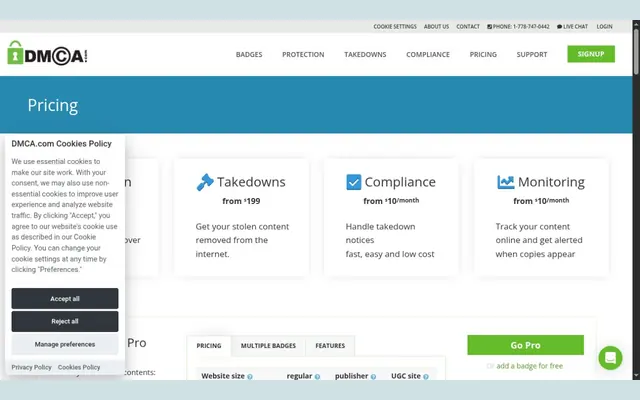 Page des tarifs de DMCA.com, avec quatre blocs : protection dès 10 $ par mois, retraits dès 199 $, conformité et surveillance dès 10 $ par mois, et un bandeau de cookies à gauche