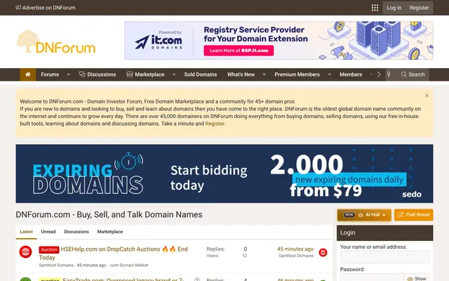 DNForum homepage showing the tree logo, forum and marketplace menus, an expiring domains auction banner and the member login box