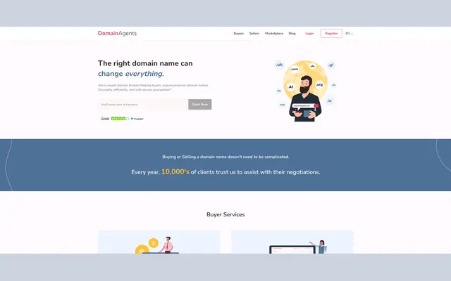 Accueil de DomainAgents avec le titre The right domain name can change everything, un champ de recherche de domaine, la note Trustpilot, un bandeau bleu qui annonce des milliers de clients chaque année et la rubrique Buyer Services
