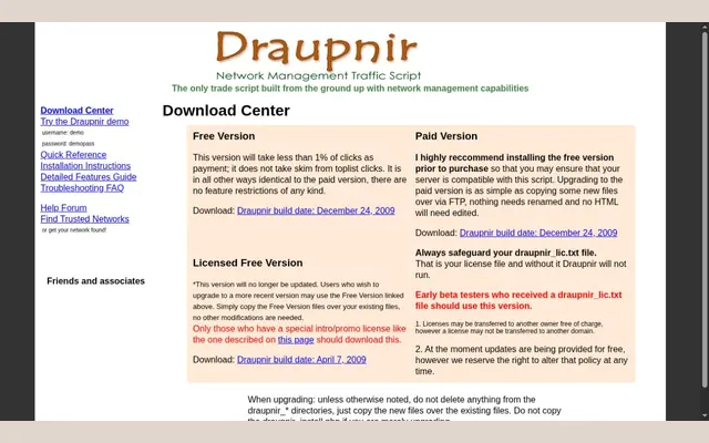 DraupnirSoft download center showing the Draupnir logo, the free and paid builds dated December 2009, and a help menu on the left