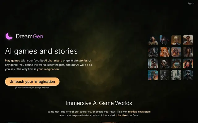 DreamGen home page showing its game scenarios and story generator