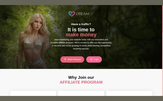 DreamGF affiliate program page with the request and login buttons
