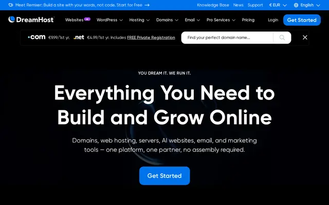 DreamHost home page with its slogan about building and growing online
