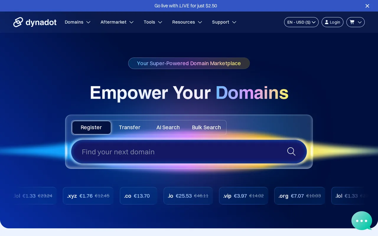 Dynadot home page with its domain name search box