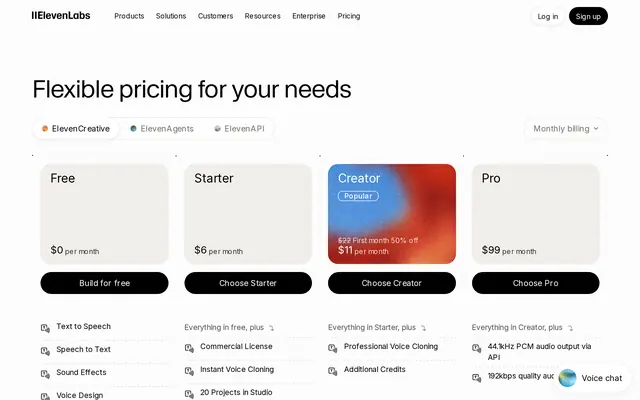 ElevenLabs home page presenting its generated voice tools