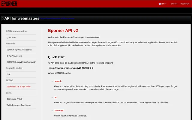 Eporner interface documentation listing the available methods and parameters