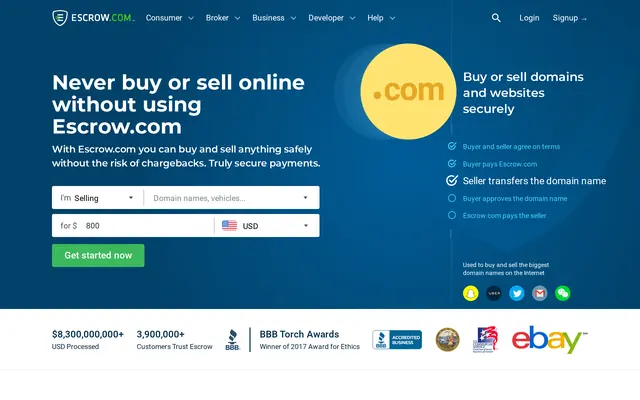 Page d’accueil d’Escrow.com, avec le formulaire de départ d’une transaction en dollars et les cinq étapes de la vente d’un nom de domaine, de l’accord sur les conditions au paiement du vendeur