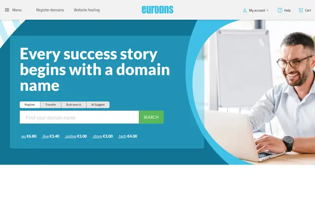 Accueil d’EuroDNS avec son moteur de recherche de noms de domaine