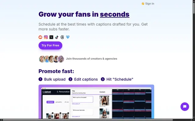 FanGrowth home page headed “Grow your fans in seconds” with Reddit, Instagram, X, TikTok, Threads and Fansly logos and a preview of bulk upload and the posting calendar