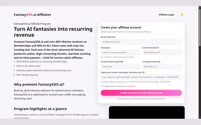 FantasyXXX.ai affiliate program page showing lifetime revenue share on memberships and tokens next to the affiliate signup form