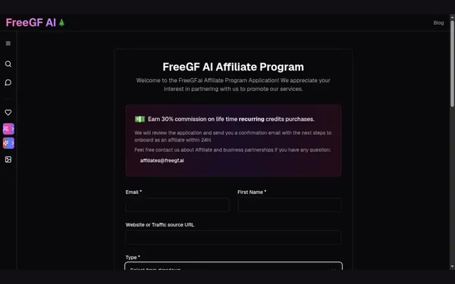 Page du programme d’affiliation FreeGF.ai annonçant 30 % à vie sur les achats de crédits récurrents, au-dessus du formulaire de candidature