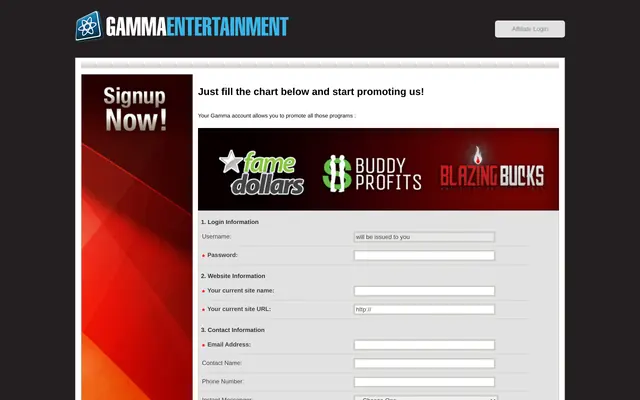 Formulaire d’inscription de GammaStats, avec les trois portefeuilles FameDollars, BuddyProfits et BlazingBucks