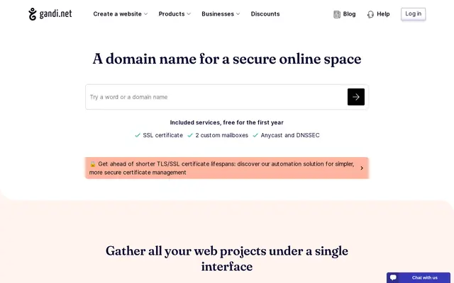 Accueil de Gandi avec son moteur de recherche de noms de domaine