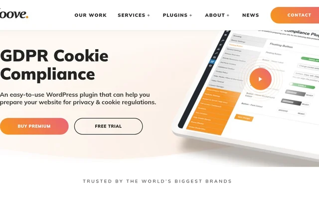 Moove Agency product page for GDPR Cookie Compliance showing the plugin name, Buy Premium and Free trial buttons, and a tablet displaying the settings screen
