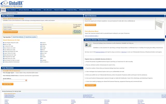 Page d’accueil de GlobalBX, avec le logo « FREE Business For Sale Exchange », la recherche parmi 42 000 entreprises, le bloc Sell A Business et l’offre d’adhésion pour les courtiers