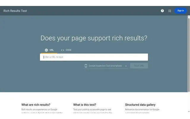 Page d’accueil du Rich Results Test de Google, avec la question « Does your page support rich results? », les onglets URL et Code et le choix du robot smartphone