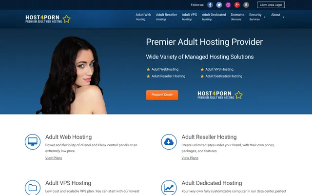 Accueil de Host4Porn annonçant ses quatre gammes d’hébergement adulte
