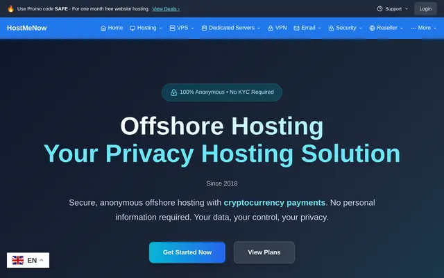 Accueil de HostMeNow présentant son hébergement offshore et ses paiements en cryptomonnaie