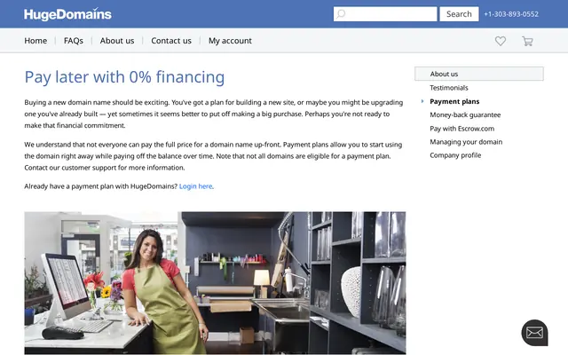 Page du paiement échelonné de HugeDomains, avec le titre « Pay later with 0% financing » et le menu des pages d’aide à droite