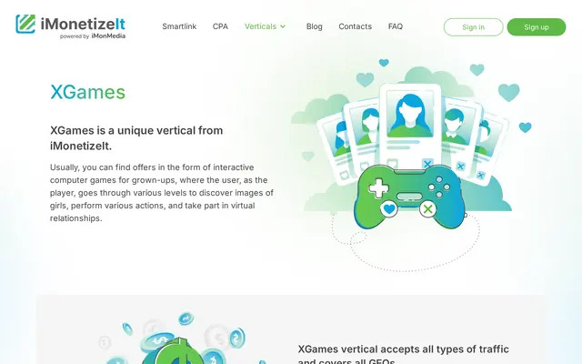Page de la verticale XGames d’iMonetizeIt, jeux interactifs pour adultes ouverts à toutes les zones