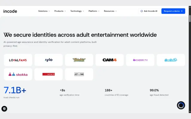 Incode adult entertainment page listing LoyalFans, Aylo, Chaturbate, CAM4, Cherry.tv, CamSoda, Skokka, LiveJasmin and JustForFans logos above four figures: more than 7.1 billion trust checks, under 8 seconds, more than 188 countries of ID coverage and 99.0 percent age fraud detected