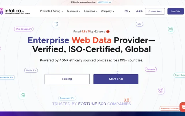 Accueil d’Infatica avec le titre « Enterprise Web Data Provider, Verified, ISO-Certified, Global », la mention de 40 millions de proxys dans plus de 195 pays et les boutons Pricing et Start Trial
