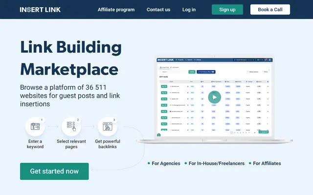 The insert.link home page announcing 36,511 websites for guest posts and link insertions
