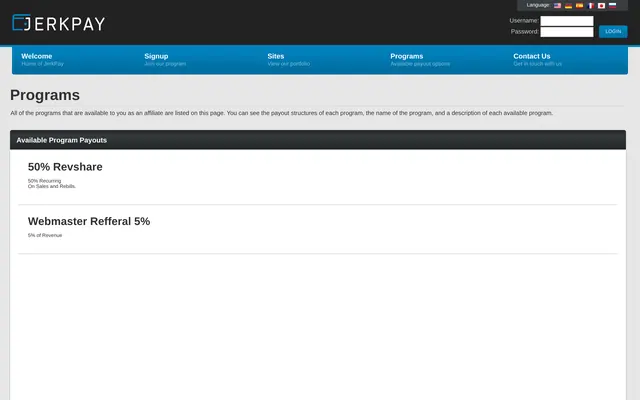 JerkPay programs page showing 50% recurring and 5% webmaster referral