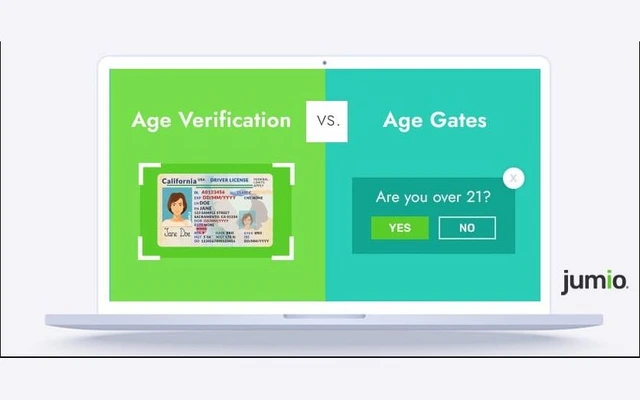 Jumio illustration contrasting age verification, framing a California driver’s license, with a self-declared age gate asking Are you over 21? with yes and no buttons