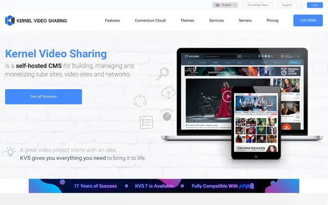 Portada de Kernel Video Sharing presentando su CMS de tube autoalojado