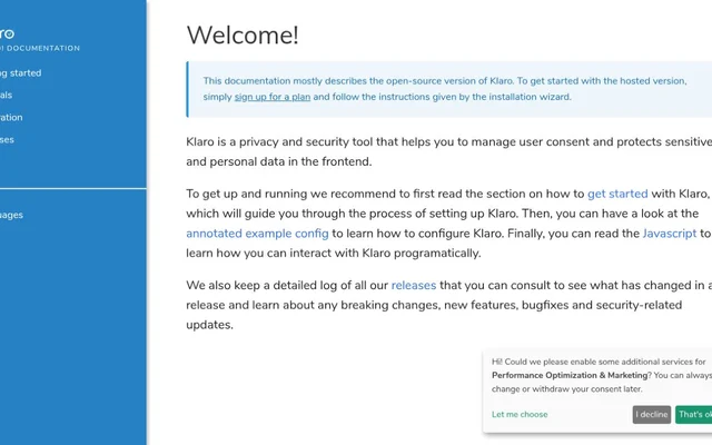 Klaro! documentation welcome page with the Klaro consent notice in the lower right corner offering Let me choose, I decline and That’s ok buttons
