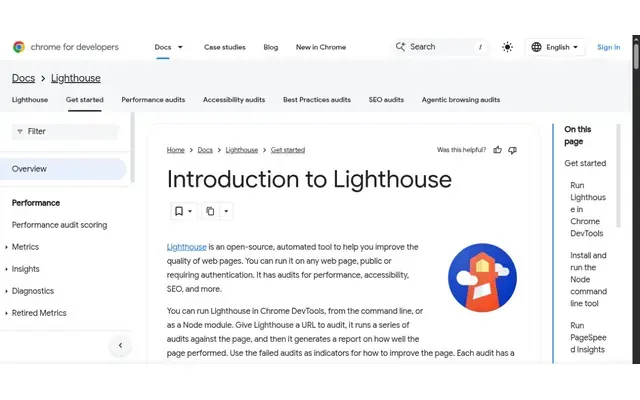 Introduction to Lighthouse page on Chrome for Developers, with the lighthouse logo and a menu for performance, accessibility, best practices, SEO and agentic browsing audits