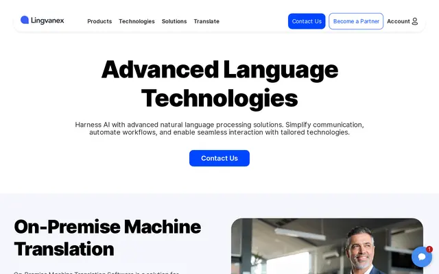Lingvanex home page with the Advanced Language Technologies headline, the Contact Us button and the start of the On-Premise Machine Translation section