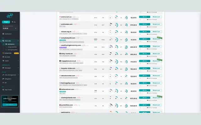 Catalogue de Linkavista dans la thématique adulte, chaque ligne montrant les métriques du site et son prix